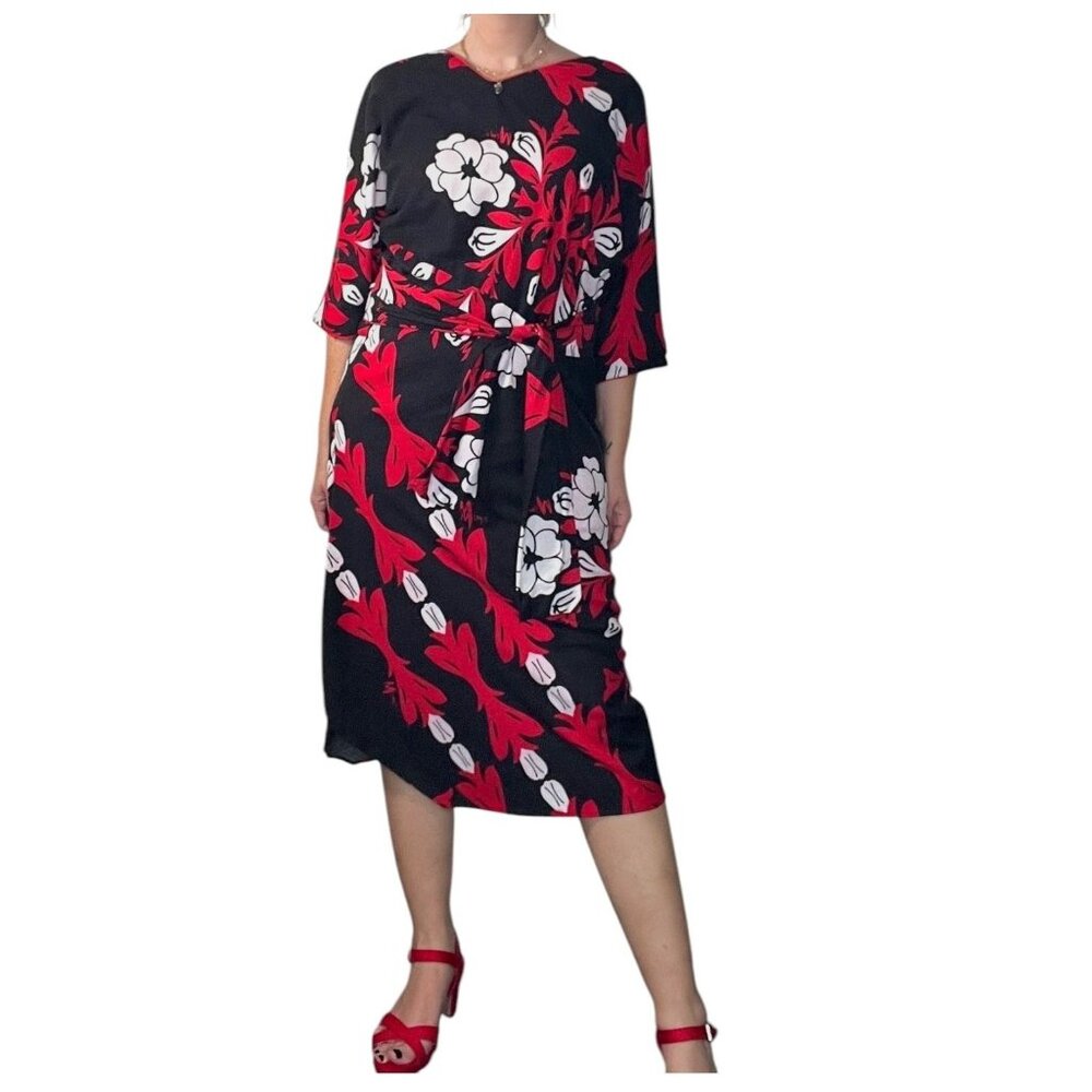Vintage Mamo Howell Muumuu Dress Hawaii Belted Floral Black Red Large